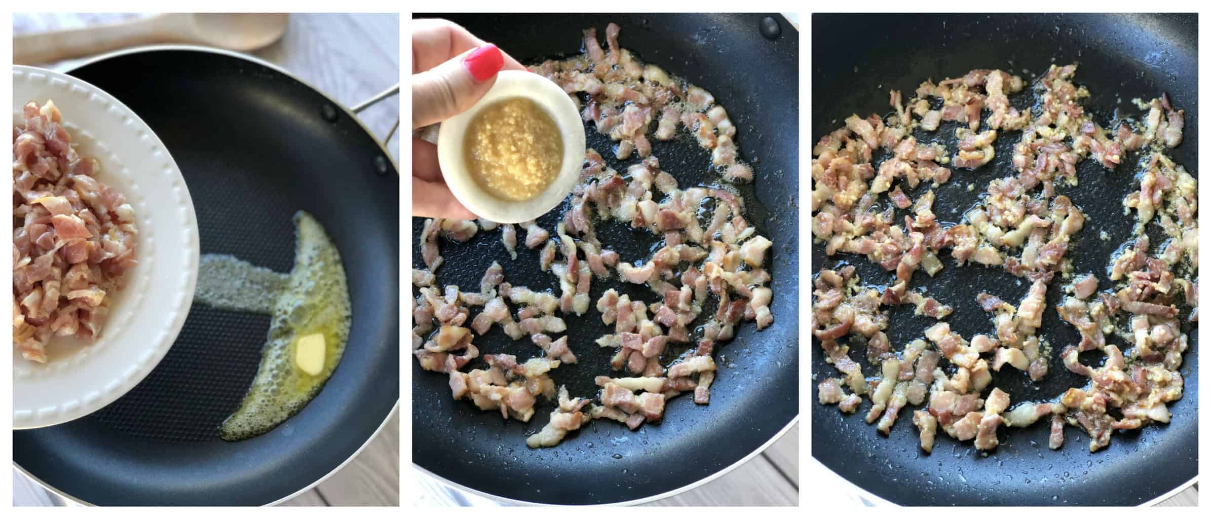 Panfry the bacon until crispy and add garlic 