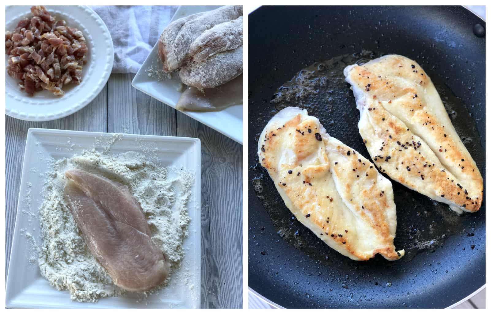 Images showing how to flour the chicken and pan fry