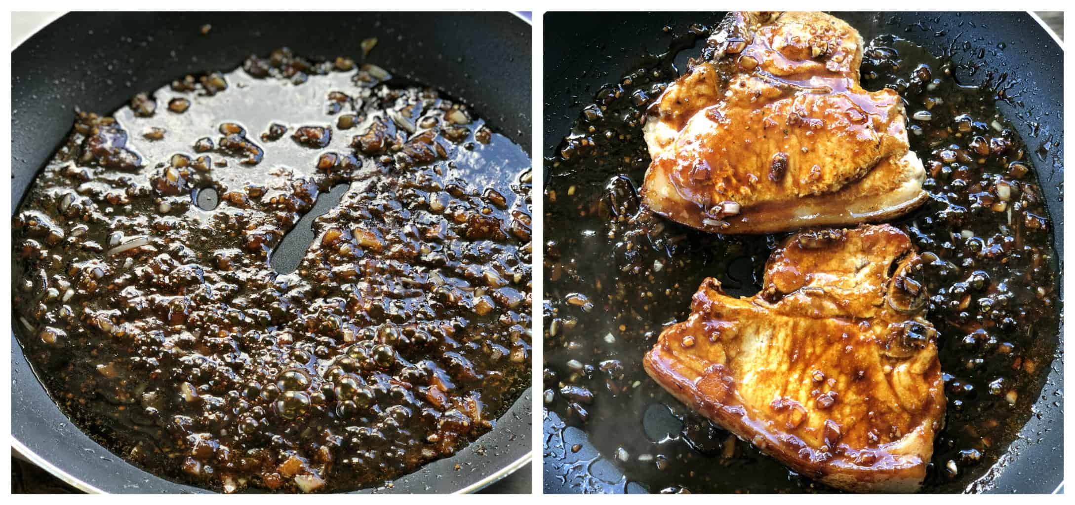 Apricot & Soy Sauce Glaze for Pork Chops in a frying pan bubbling 