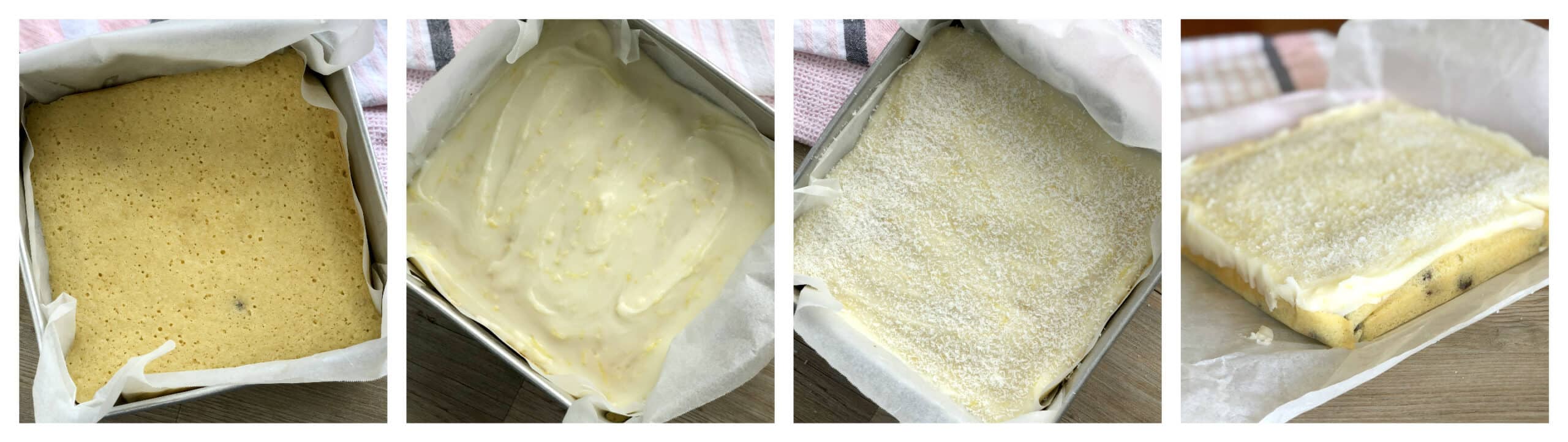 process photos showing coconut slice being iced and sprinkled with coconut 