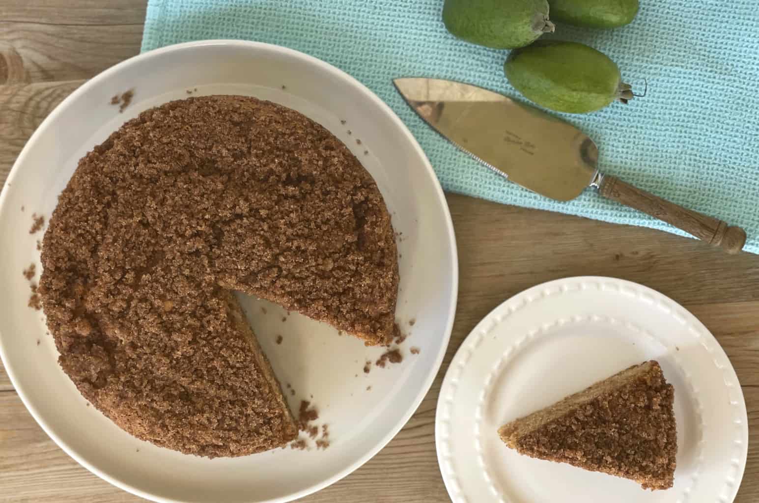 Overhead photo of feijoa crunch cake with a sugar topping
