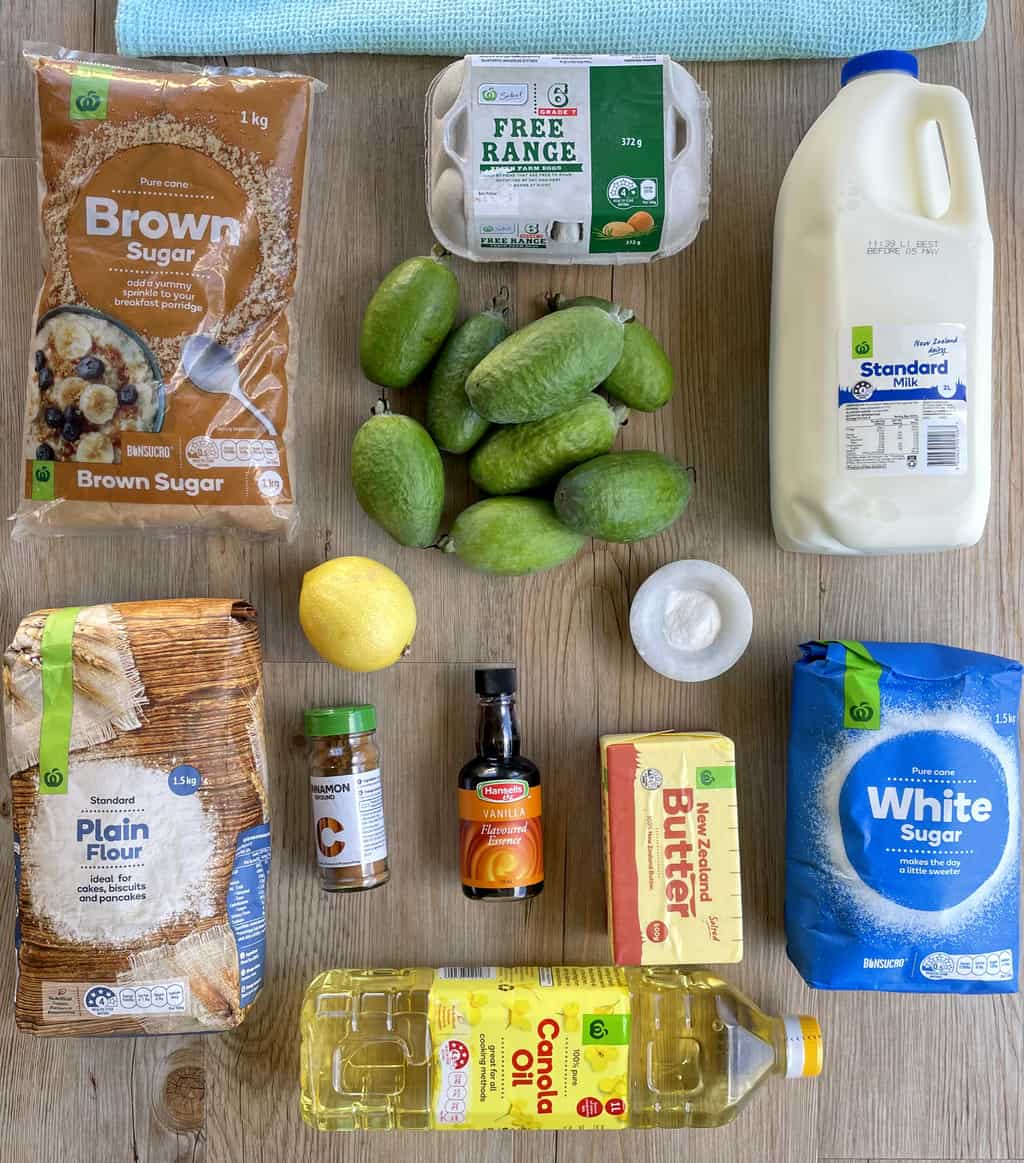 Ingredients used for a feijoa cinnamon crunch cake - see recipe card for list