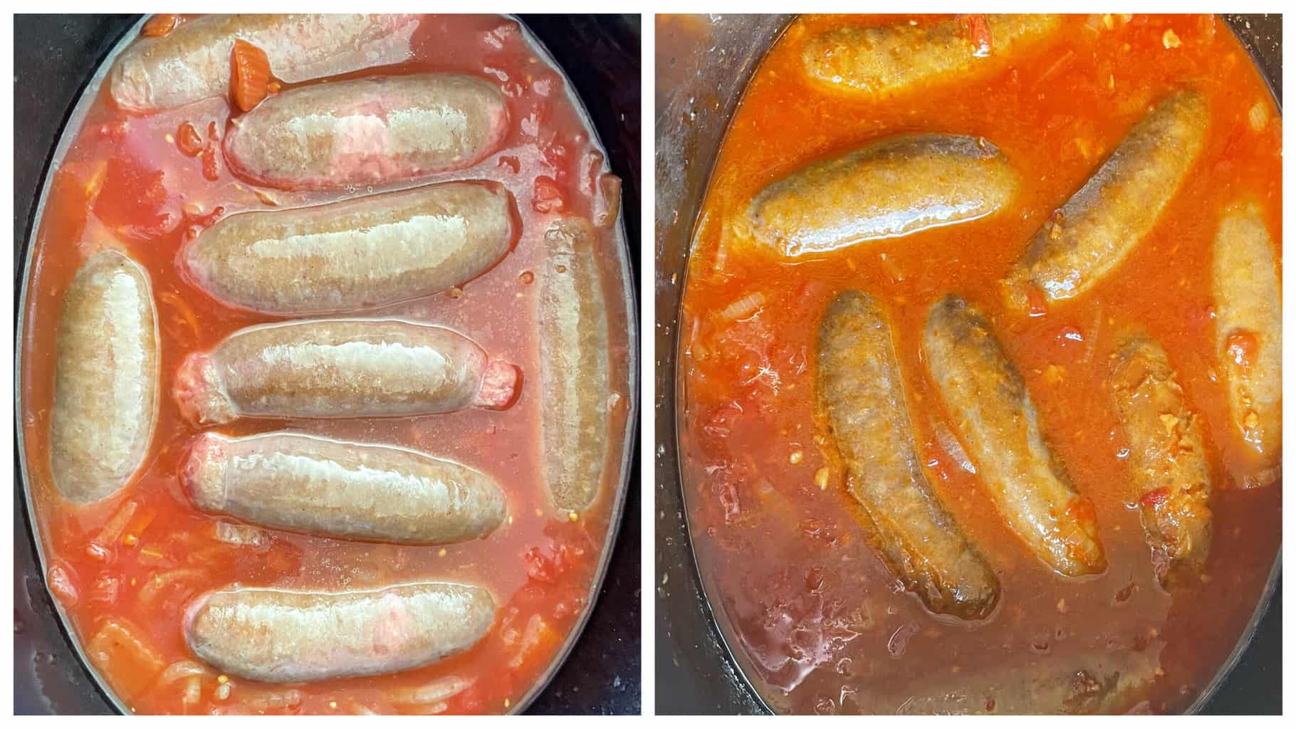 Lee Kum Kee Tangy Devilled Sausages before and after slow cooking 