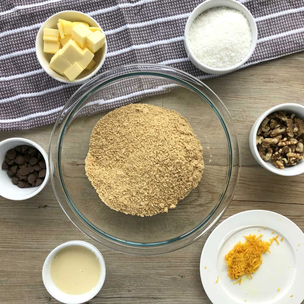 overhead photograph of the ingredients in bowls used for this recipe 