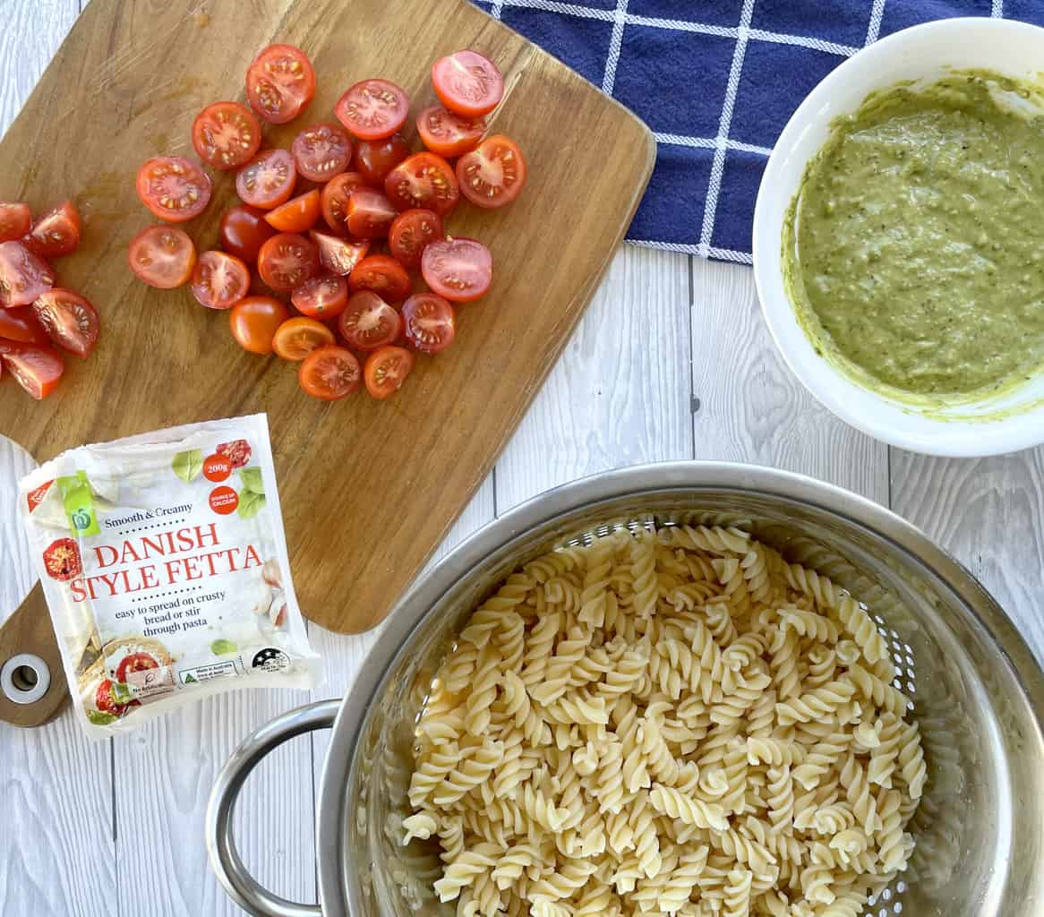 Ingredients before they are combined to form the pasta salad 