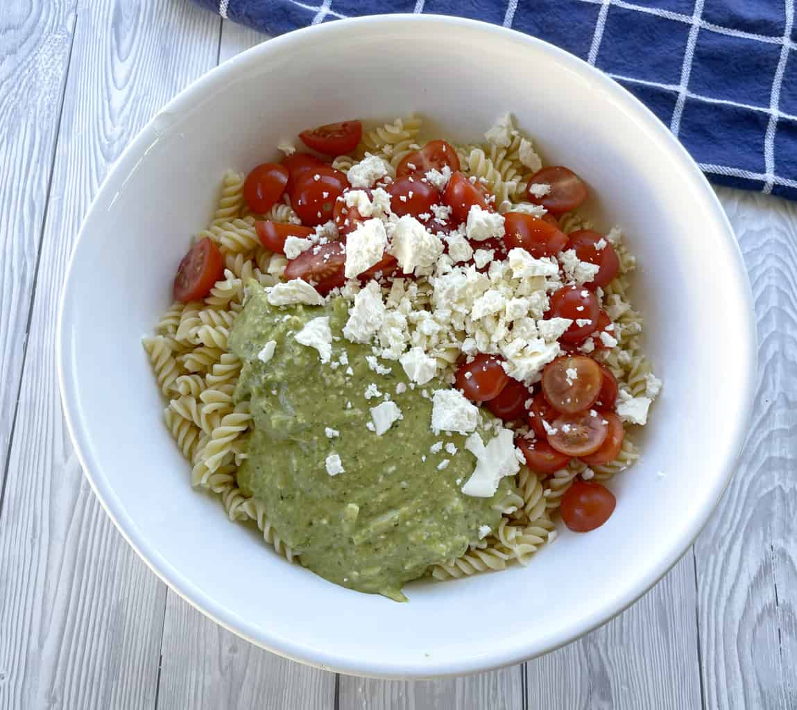 Pesto Pasta Salad ingredients before combining