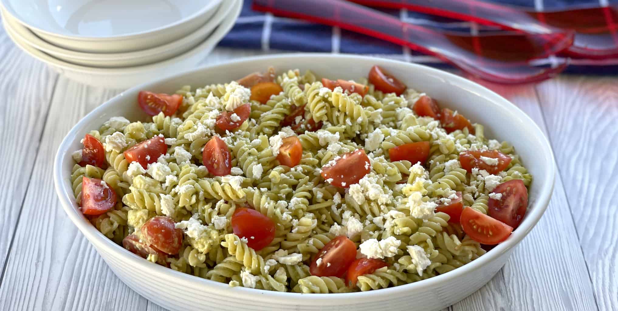 Large white bowl of Pesto Pasta Salad 