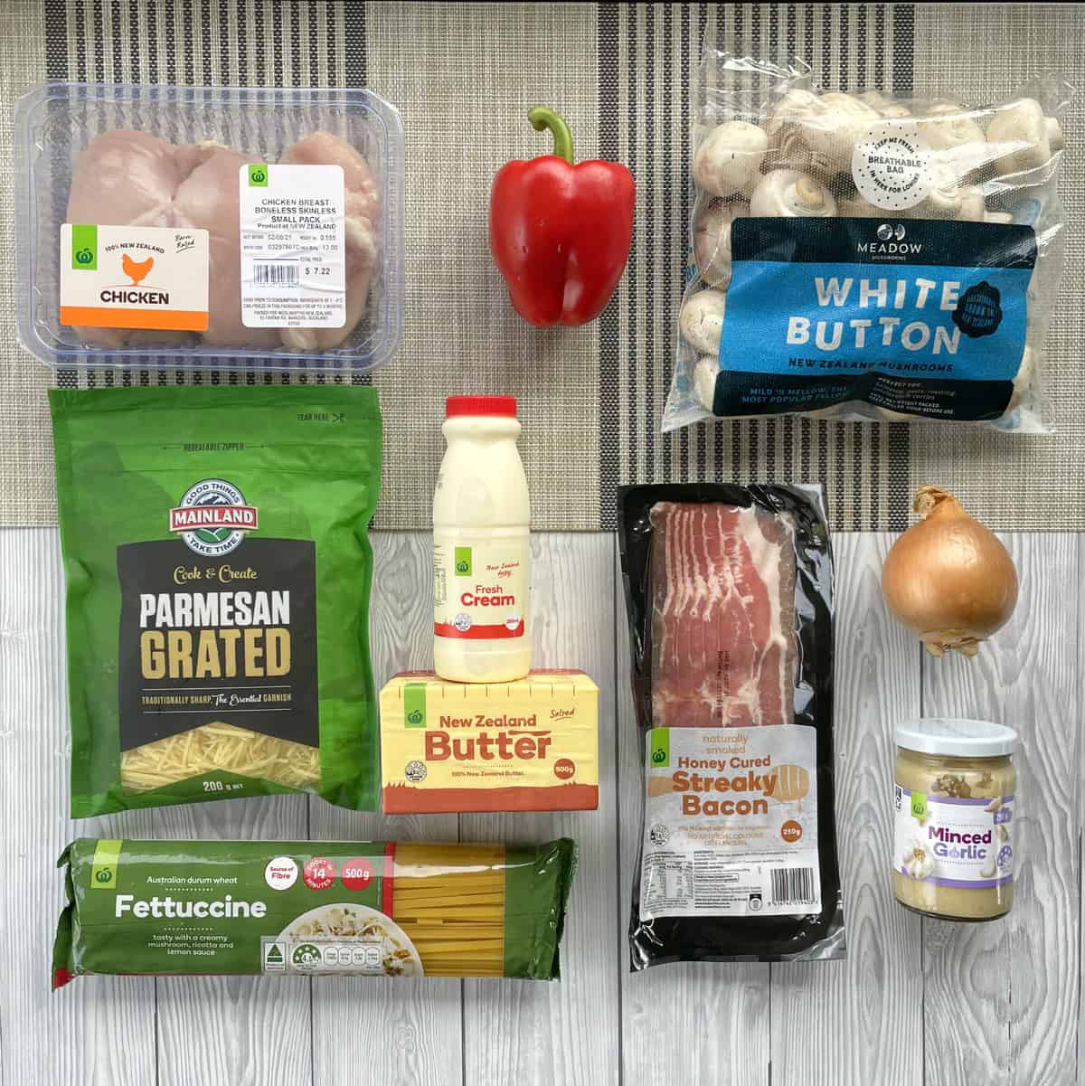 Ingredients from Countdown Supermarket to make Creamy Bacon Fettucine, see recipe card for full list 