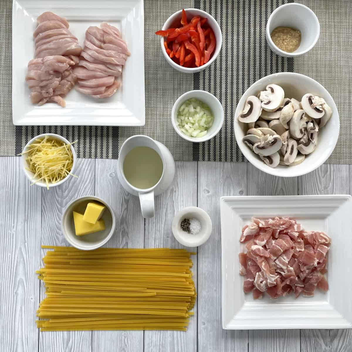 Ingredients prepared to make Chicken & Bacon Fettucine 