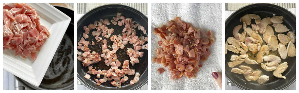 Frying bacon and chicken for pasta 