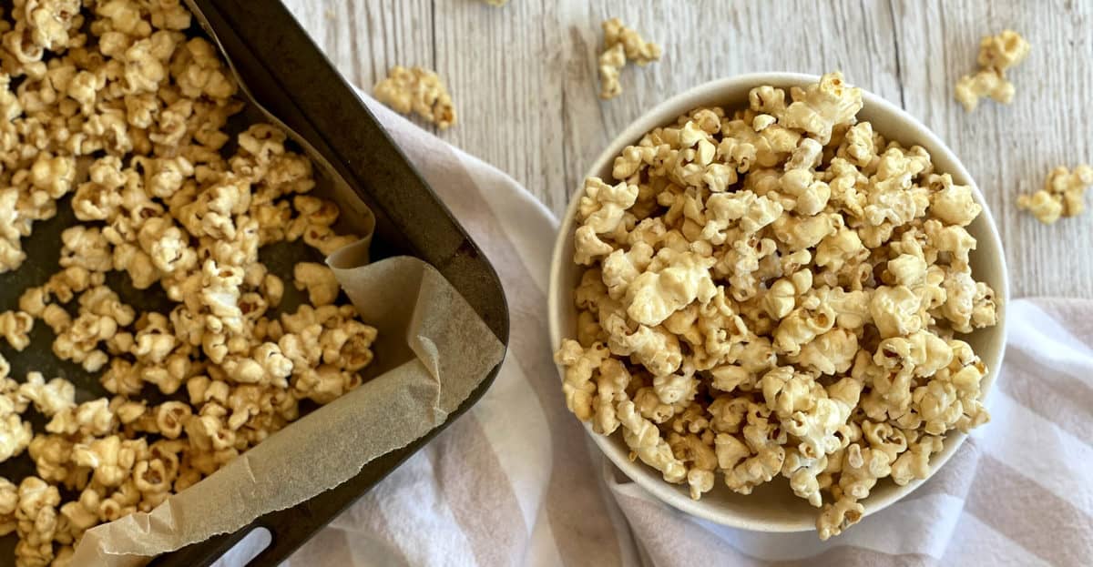 Maple Syrup Popcorn and a tray of coated popcorn 