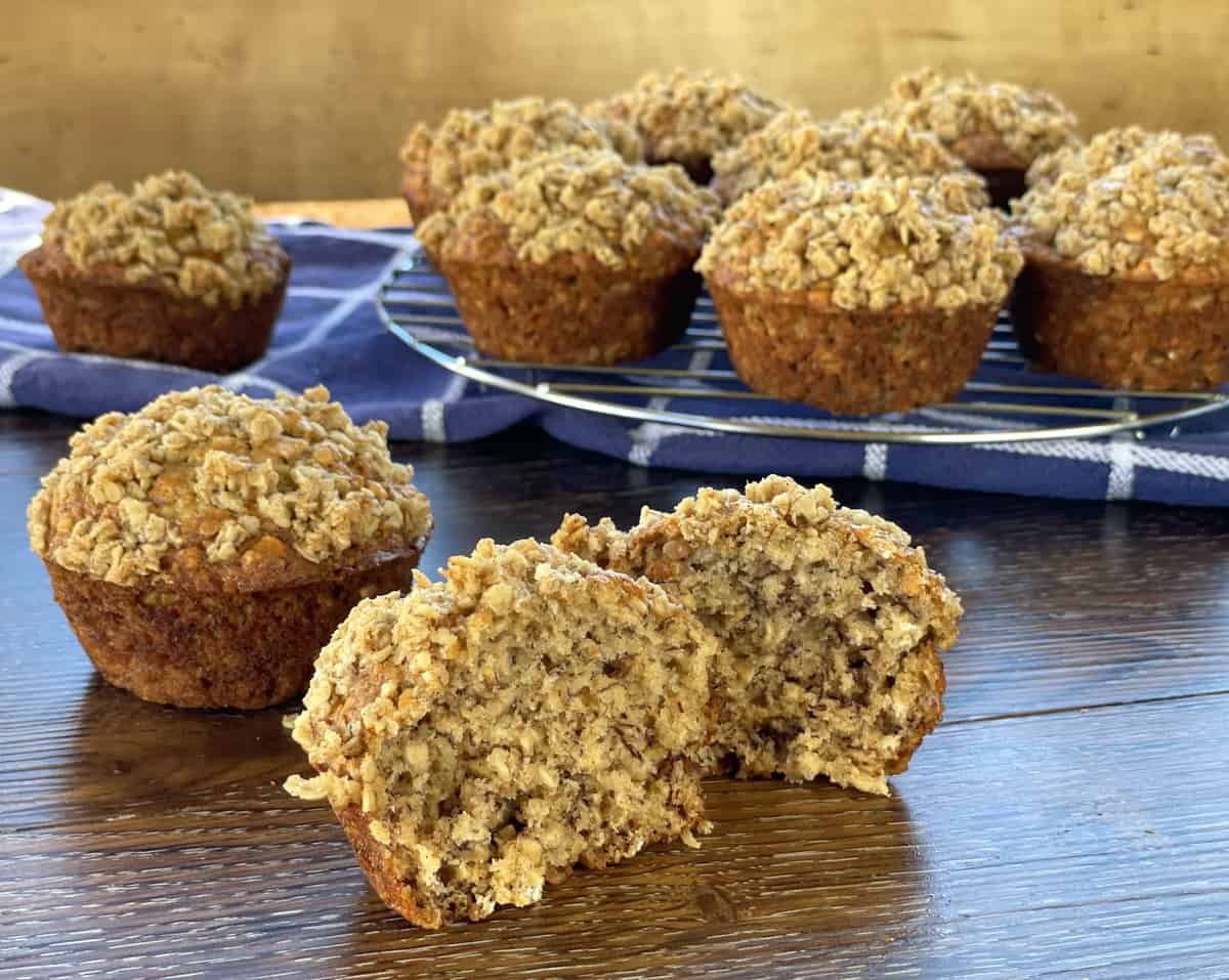 Muffins sliced in half to show how soft and moist they are. 