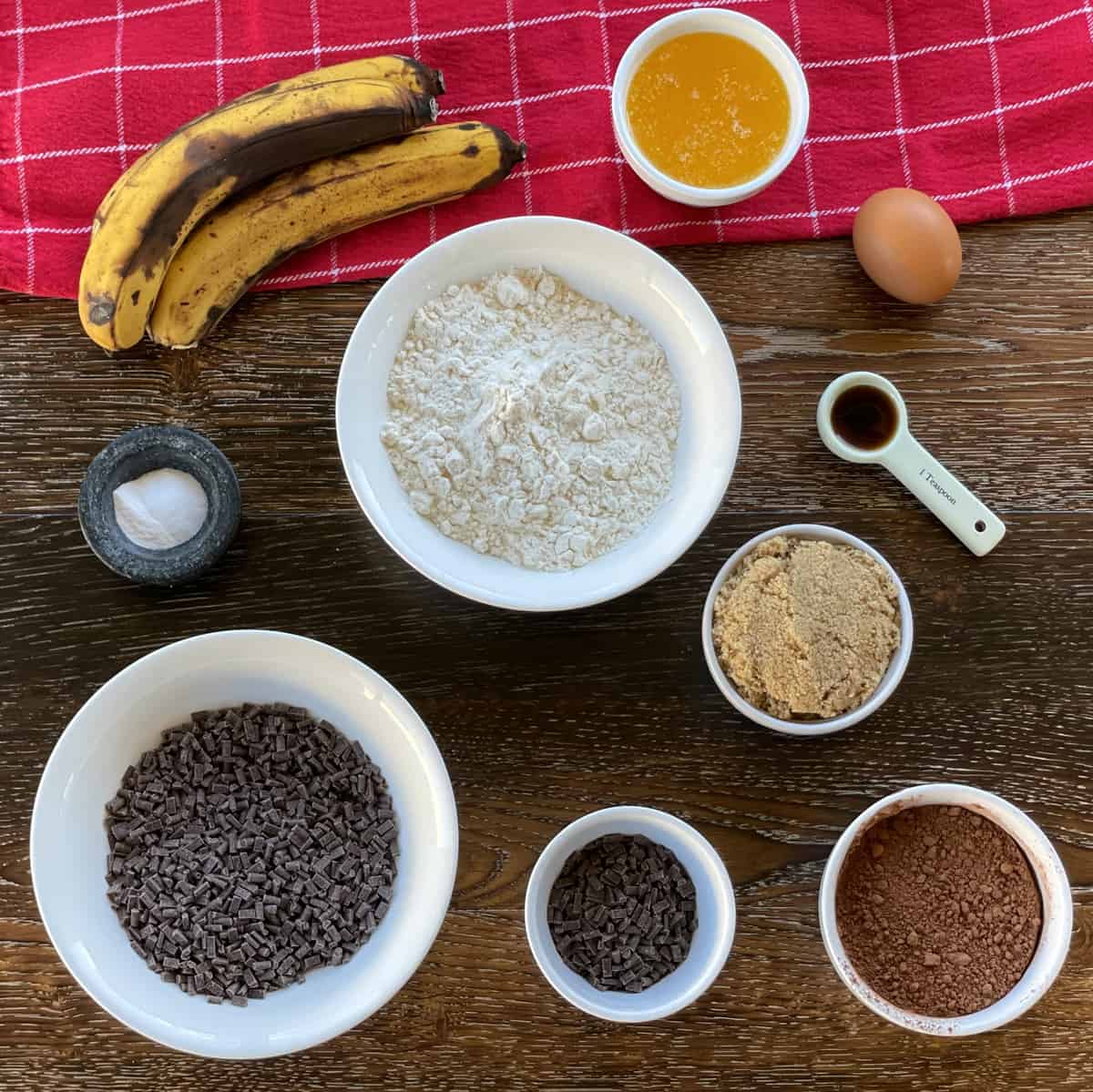 Ingredients for Double Chocolate Banana Loaf, see recipe card for details