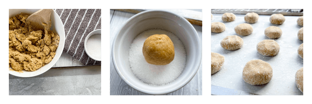 Process of rolling the dough in sugar and flattening gently on a baking tray 