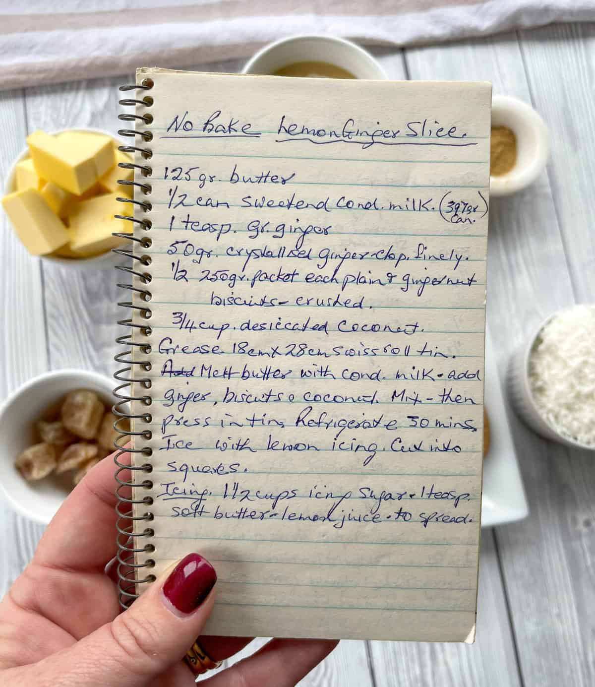 Handwritten recipe for No Bake Lemon Ginger Slice 