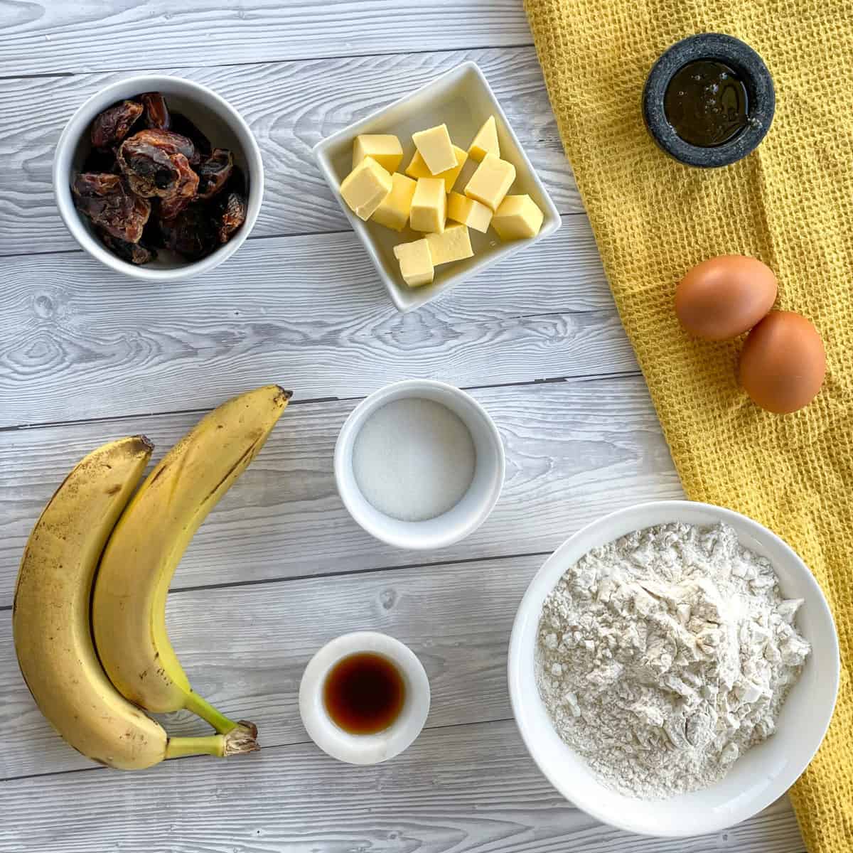 Ingredients required for a Banana & Date Loaf see the recipe card 