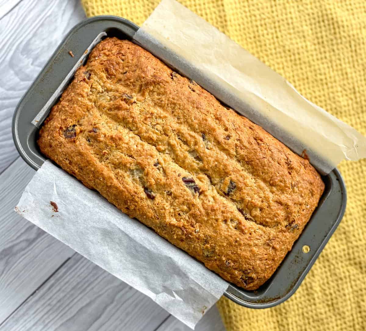 Banana and Date Loaf freshly baked and golden brown 