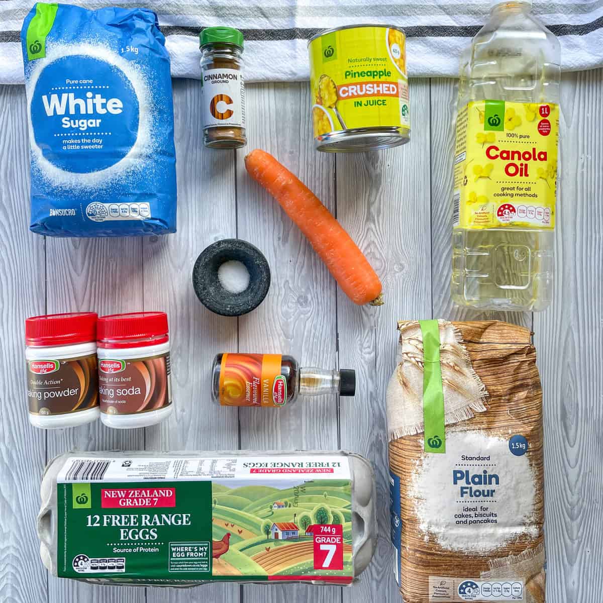 Flatlay of the ingredients and brands I use from Countdown Supermarkets 