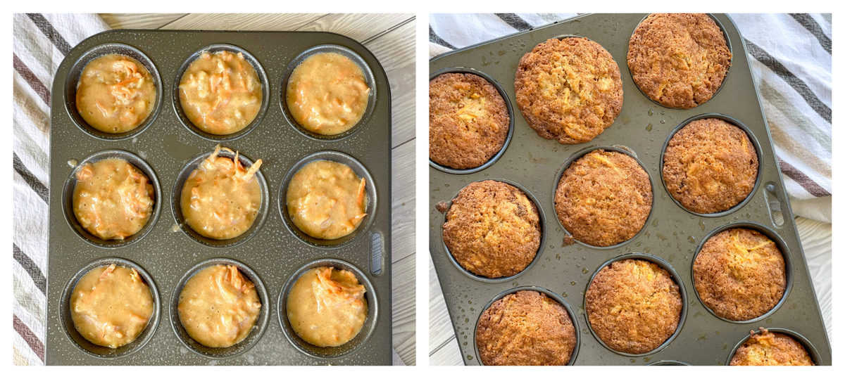 A muffin tray with uncooked muffin mix and golden brown cooked muffin mix 