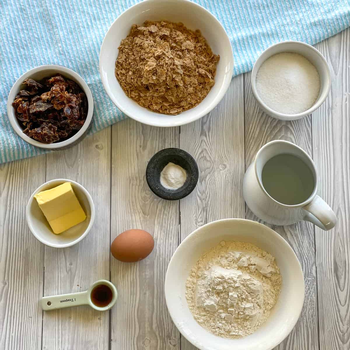 Showing ingredients used to make weetbix and date loaf, see recipe card 