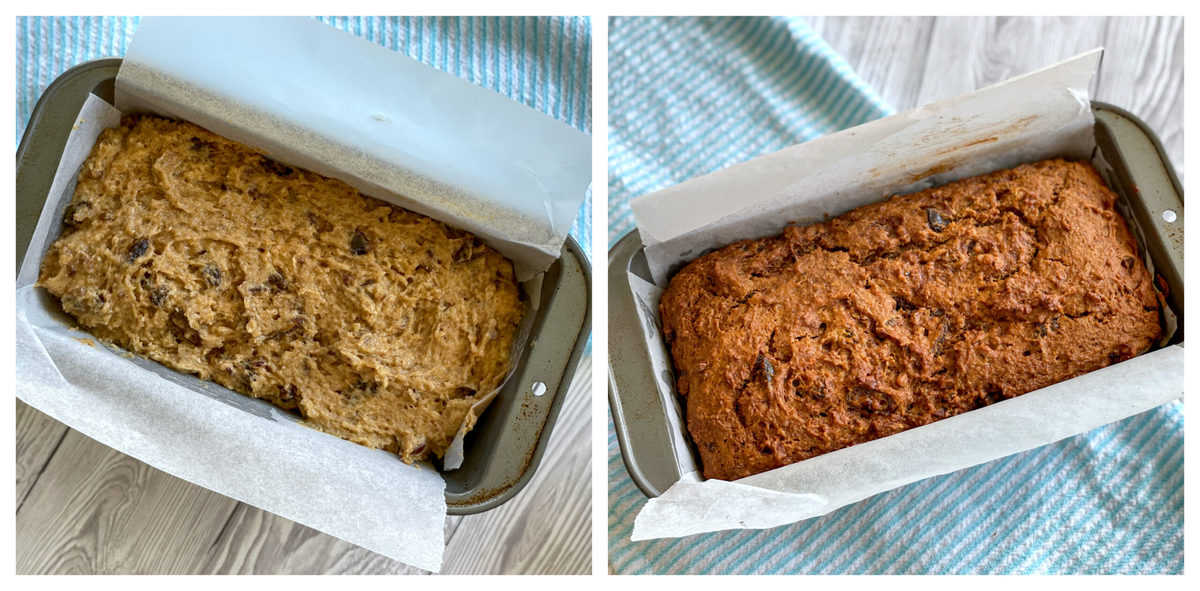 Photo on the left shows the unbaked loaf and on the right the golden brown baked loaf 