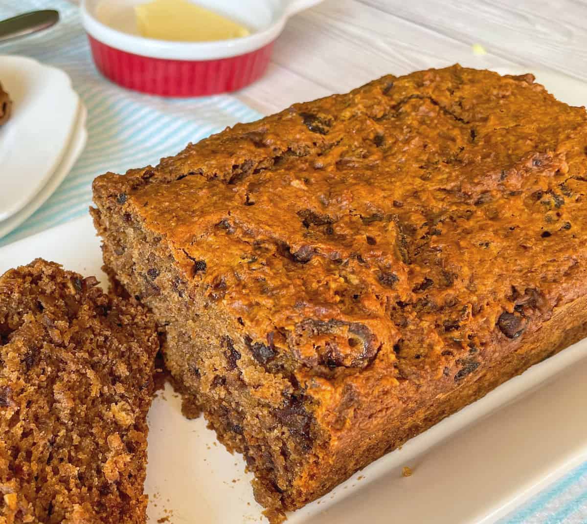 Close up of a loaf sliced with dates 