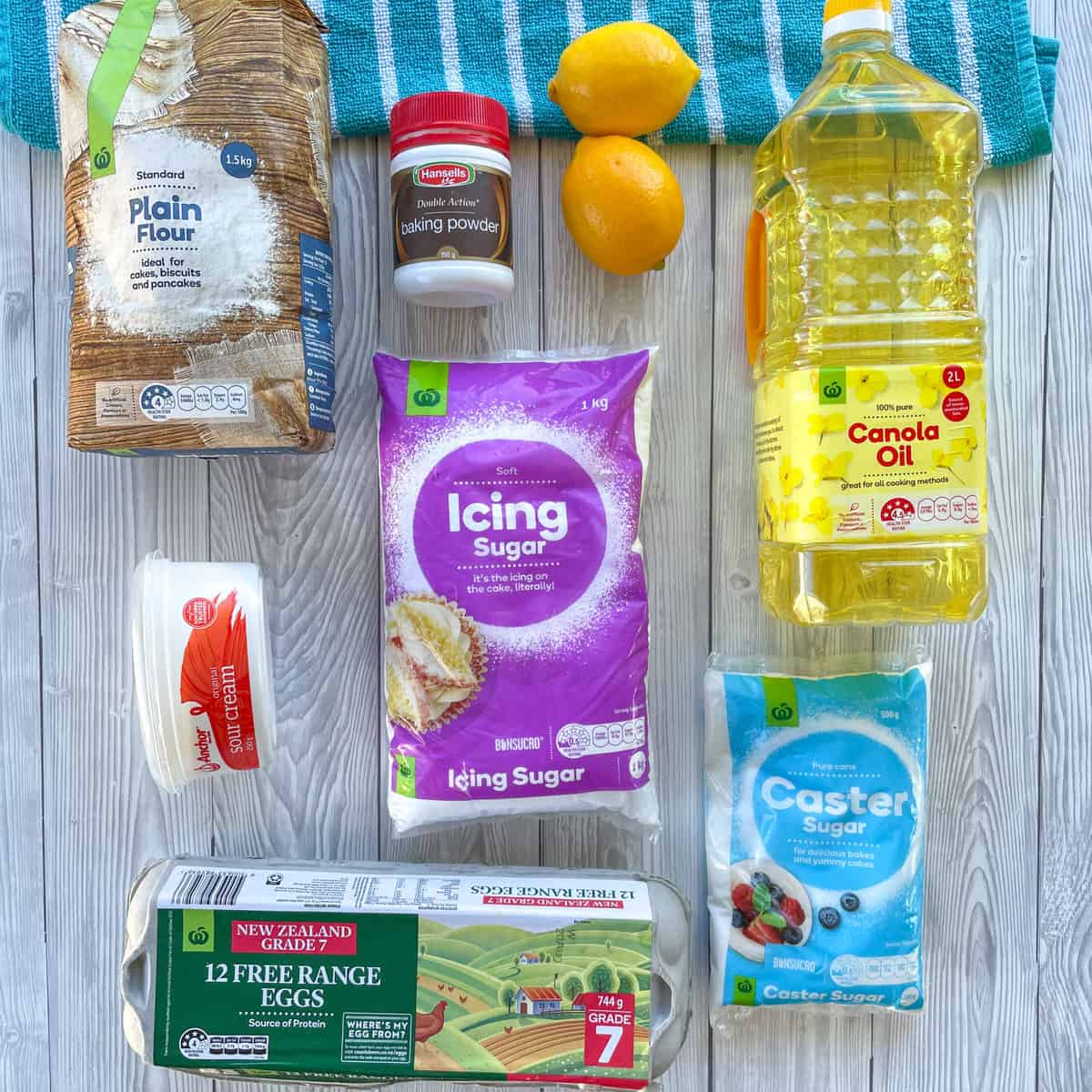 Ingredients for Lemon Syrup Cake provided by Countdown Supermarkets showing the brands I use 