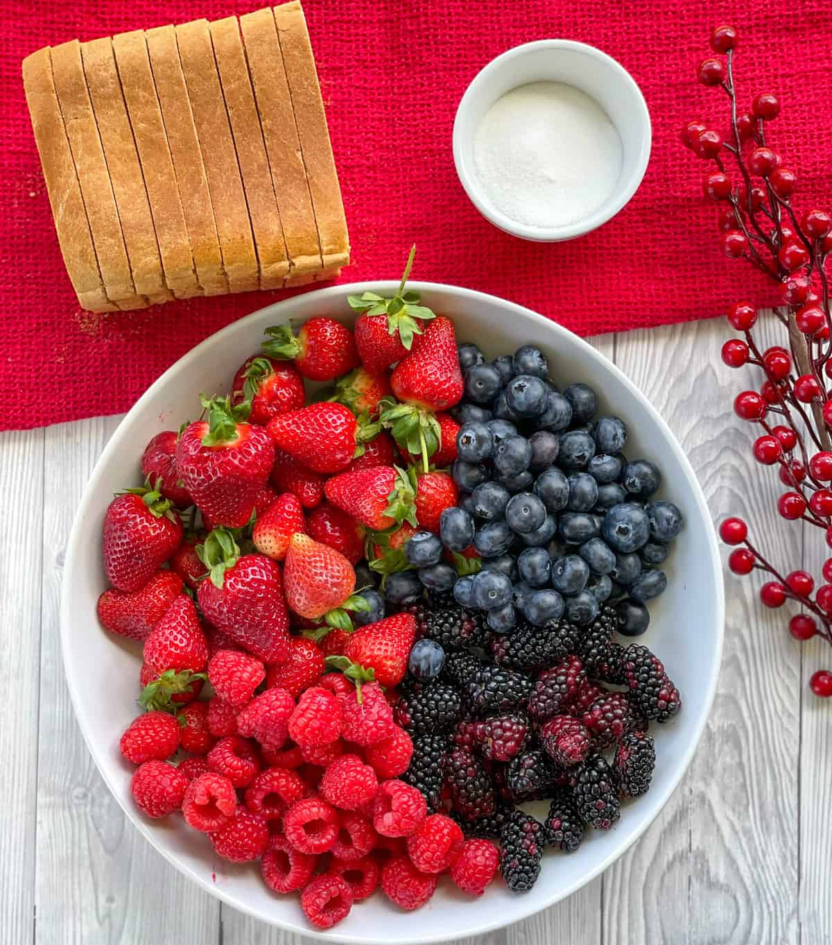 Ingredients for Summer Berry Pudding, see recipe card for details. 