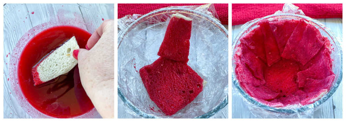 How to line the bowl with bread for summer berry pudding, soak the pieces of bread in berry syrup 