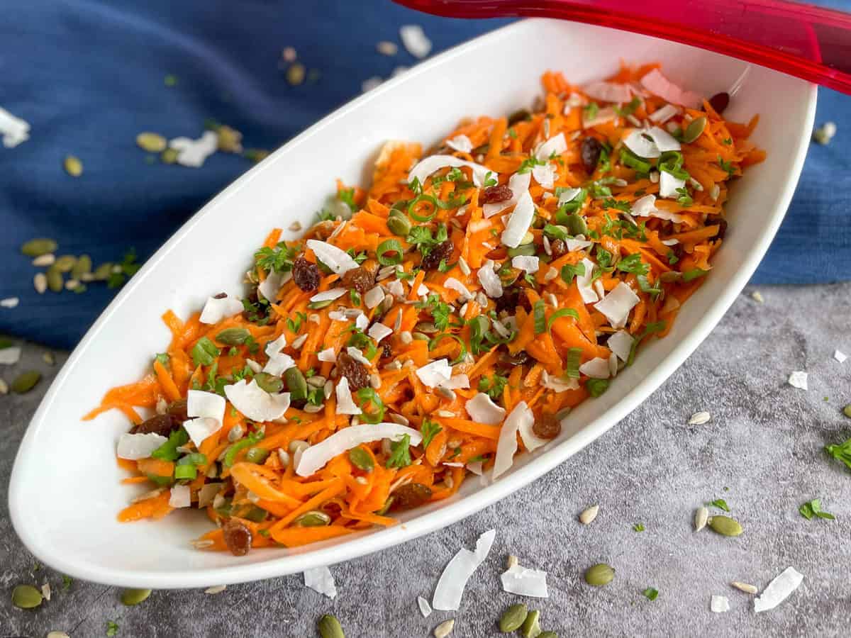 Carrot and Seed Salad in a white bowl 