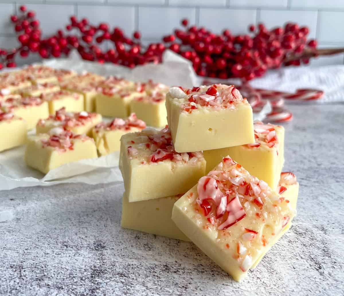 Pieces of white chocolate peppermint fudge 