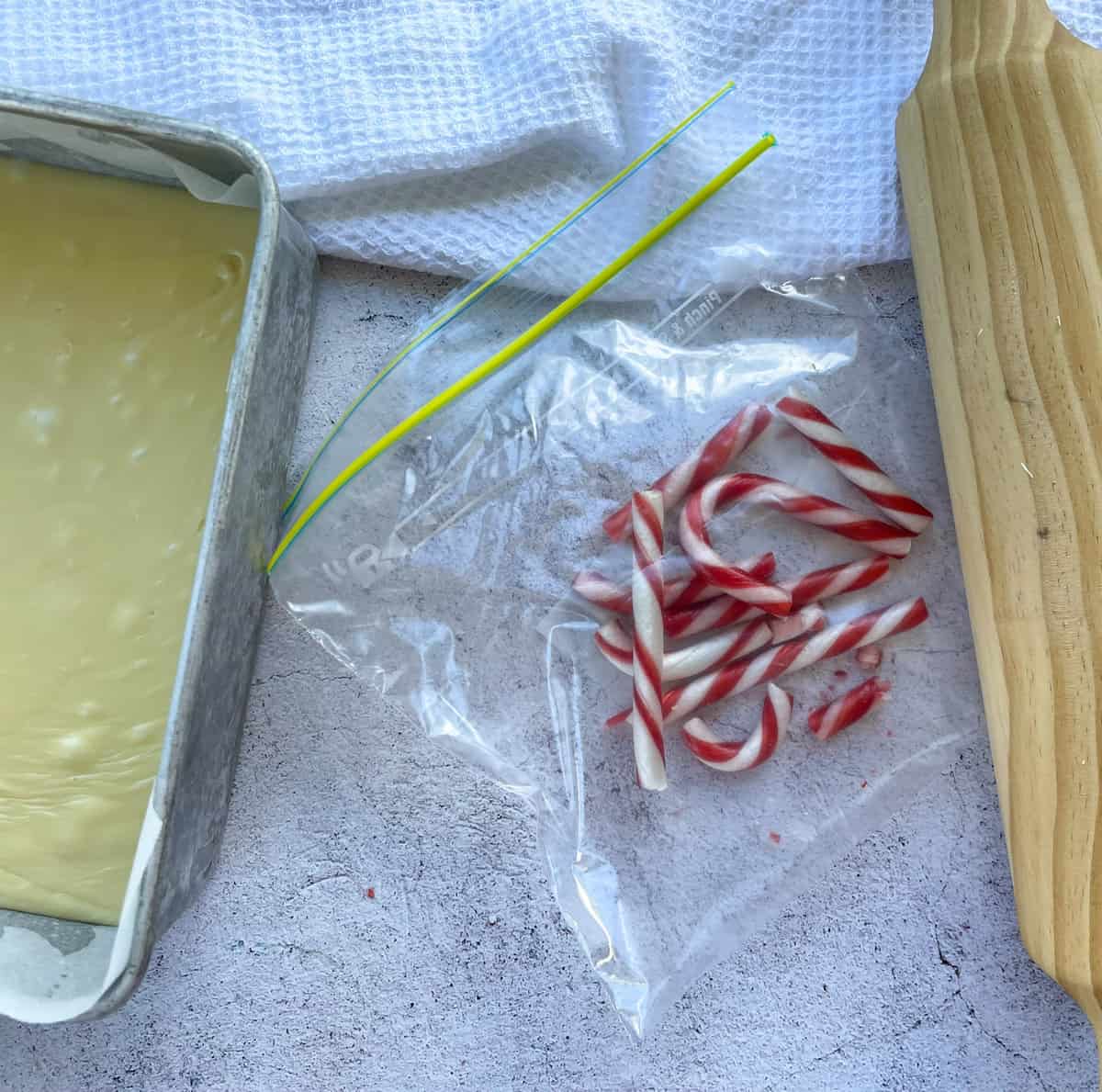 Crush candy canes in a ziplock bag with a rolling pin for the topping