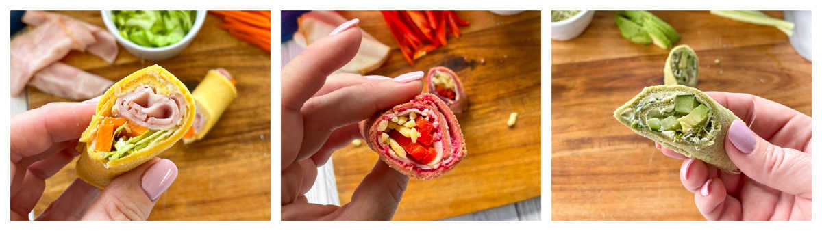 Showing three fresh tasty filling ideas for pinwheel sandwiches 