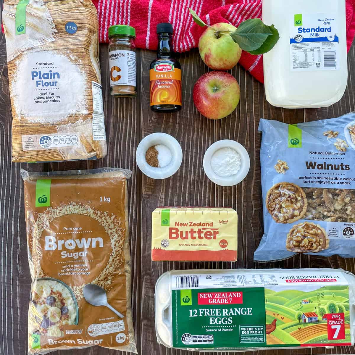 Ingredients used to make apple and walnut loaf, see recipe card for full details