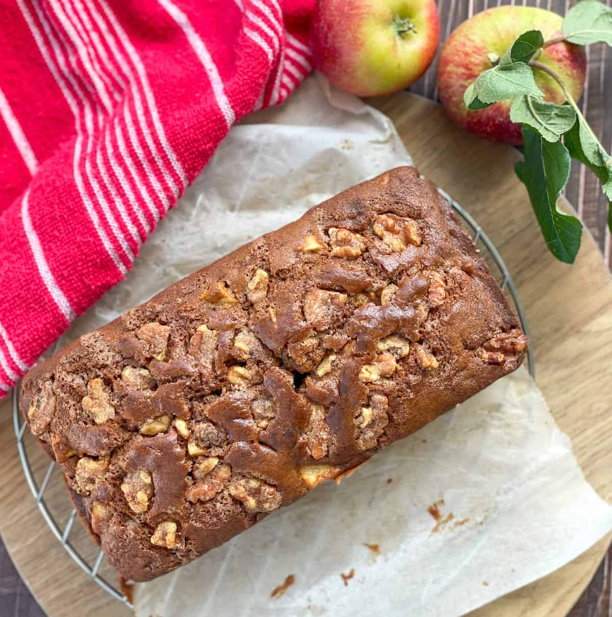 Overhead view of Apple and Walnut loaf on a tray.