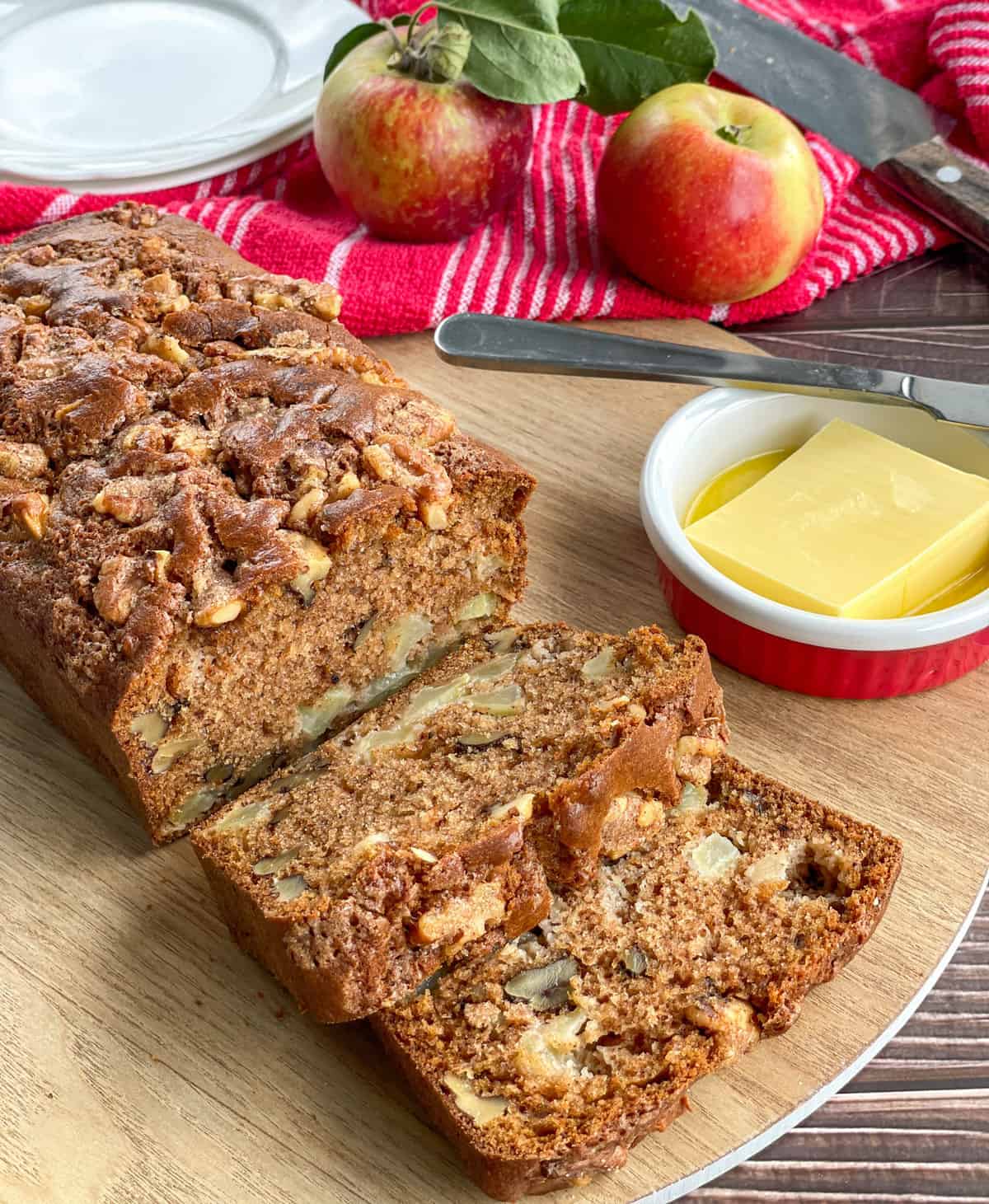 Apple and Walnut loaf with fresh apples and softened butter 