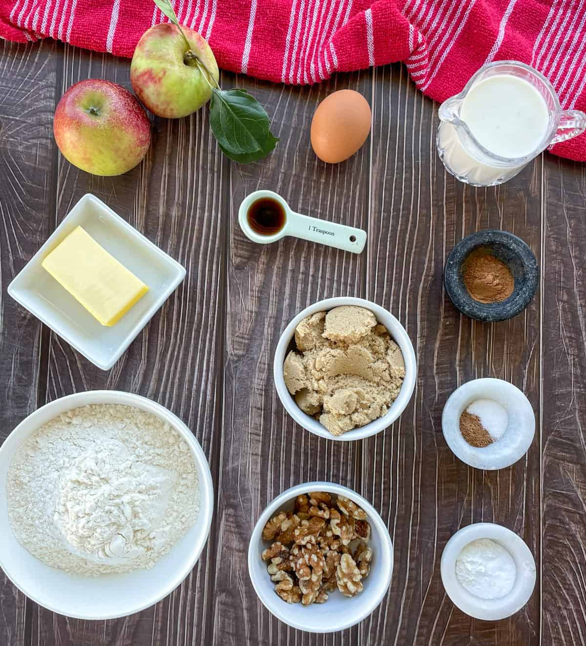 Ingredients used to make apple and walnut loaf, see recipe card for full details
