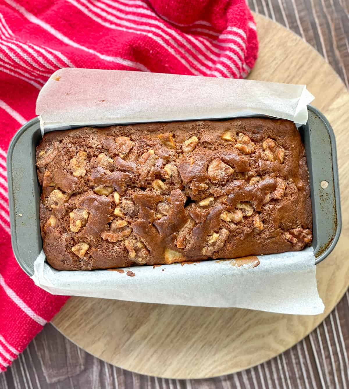 Freshly baked apple and walnut loaf. 