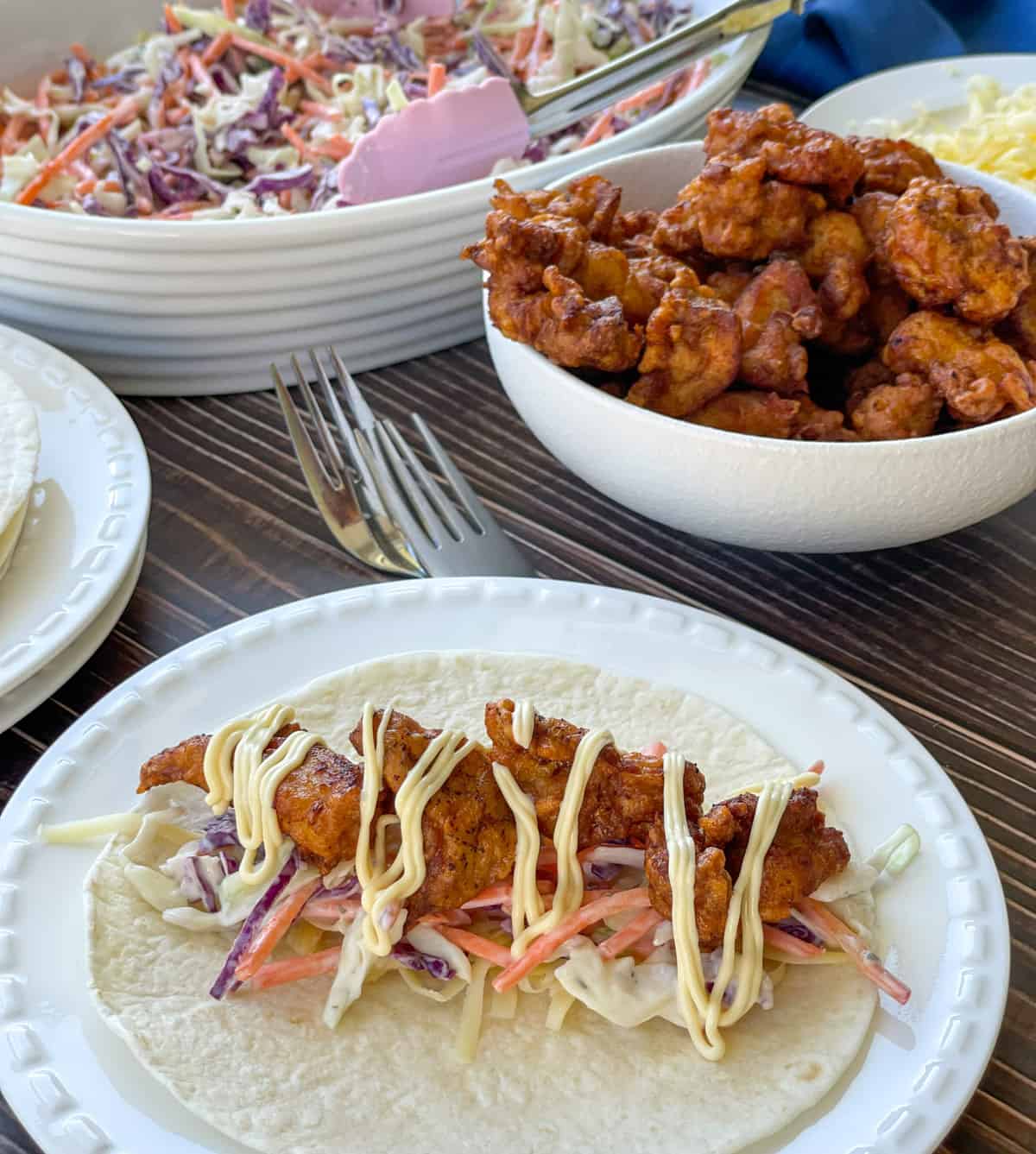 Karaage Chicken in soft tacos with coleslaw and kewpie mayo