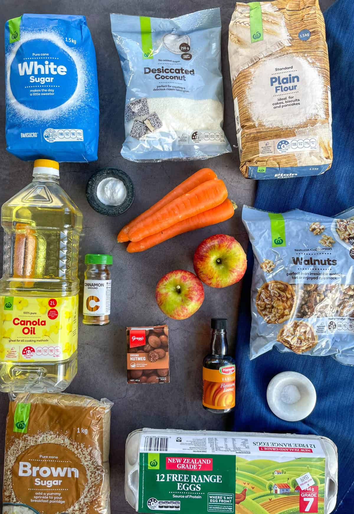 Ingredients used in apple and carrot muffins, see the recipe card for more 