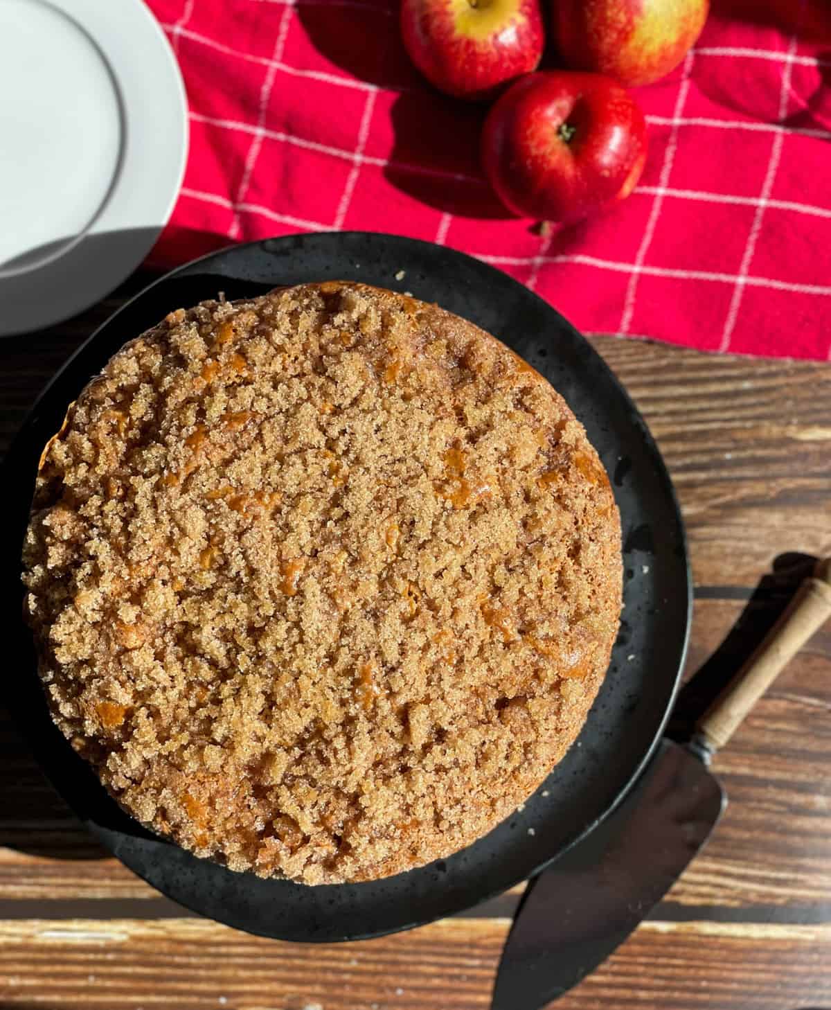 Looking down at the top of the apple cake with the sugar crust