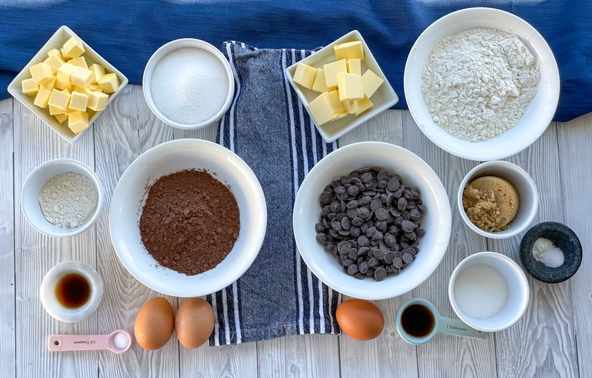 Flatlay showing the ingredients used to make the Brookie, cookie and brownie slice