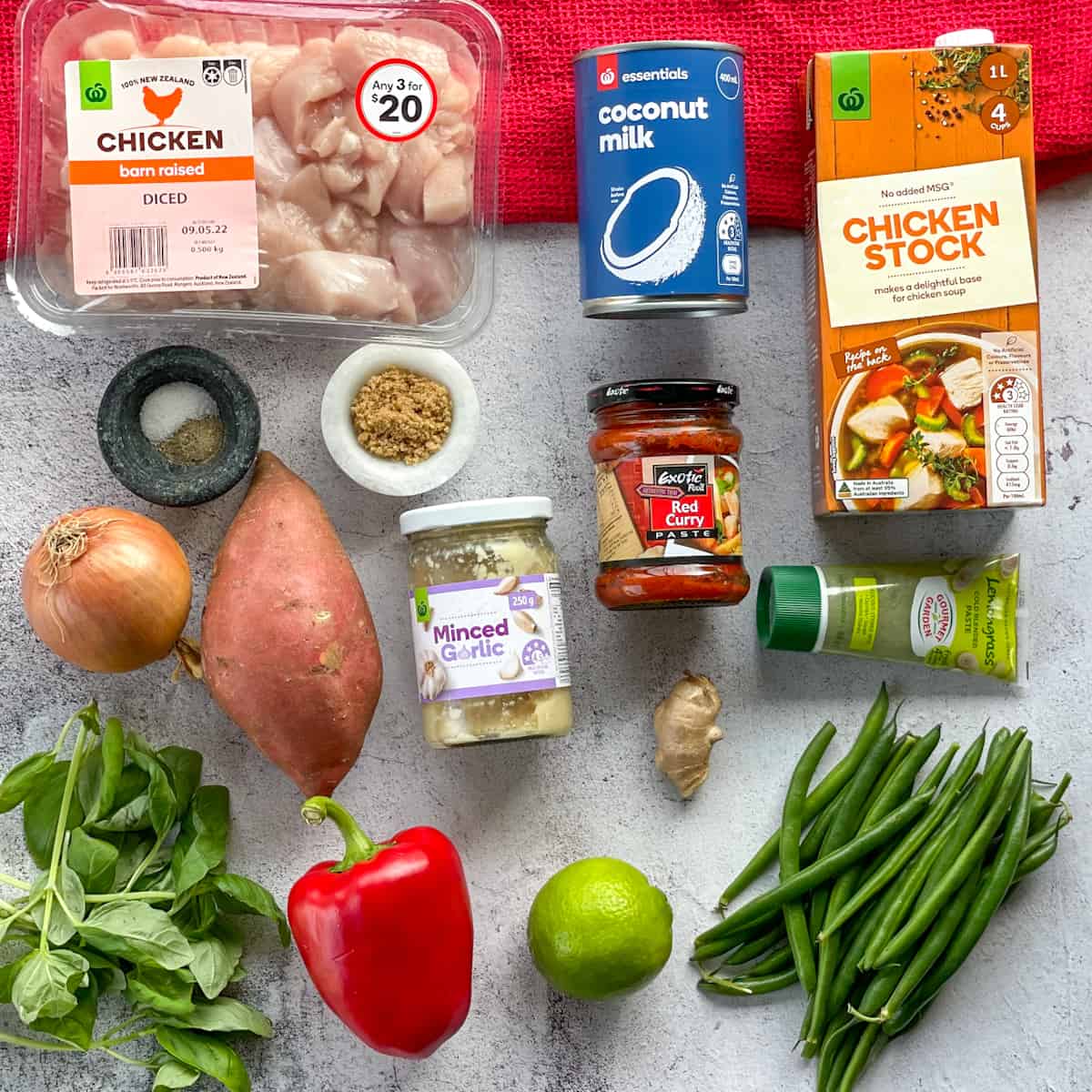 Ingredients used in Chicken Kumara Red Curry see recipe card for full details 