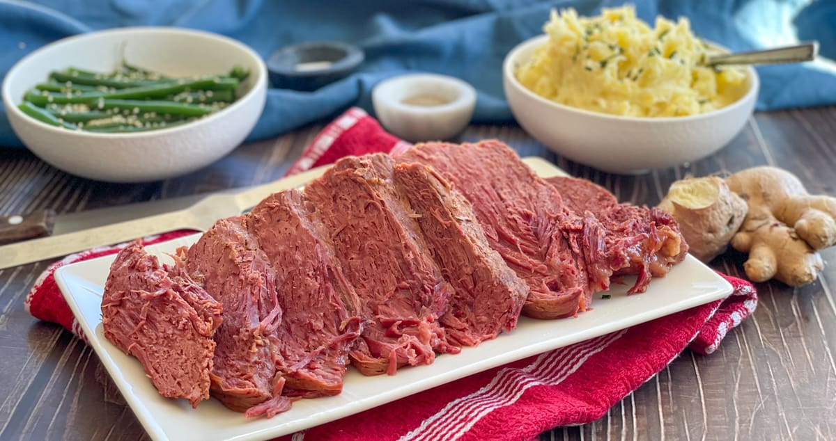 Ginger Ale Slow Cooker Corned Beef with sides 