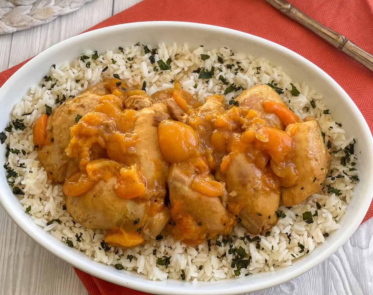 Just A Mums Slow Cooker Apricot Chicken served over rice 