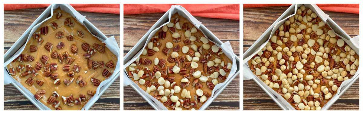 Adding the nuts to a caramel slice 