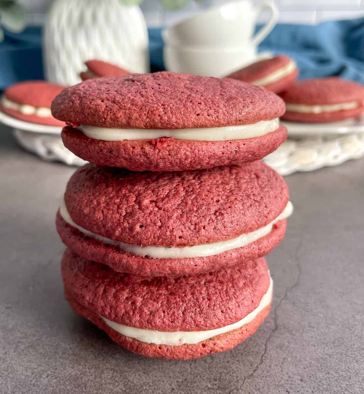 A stack of red velvet whoopie pies made from cake mix 