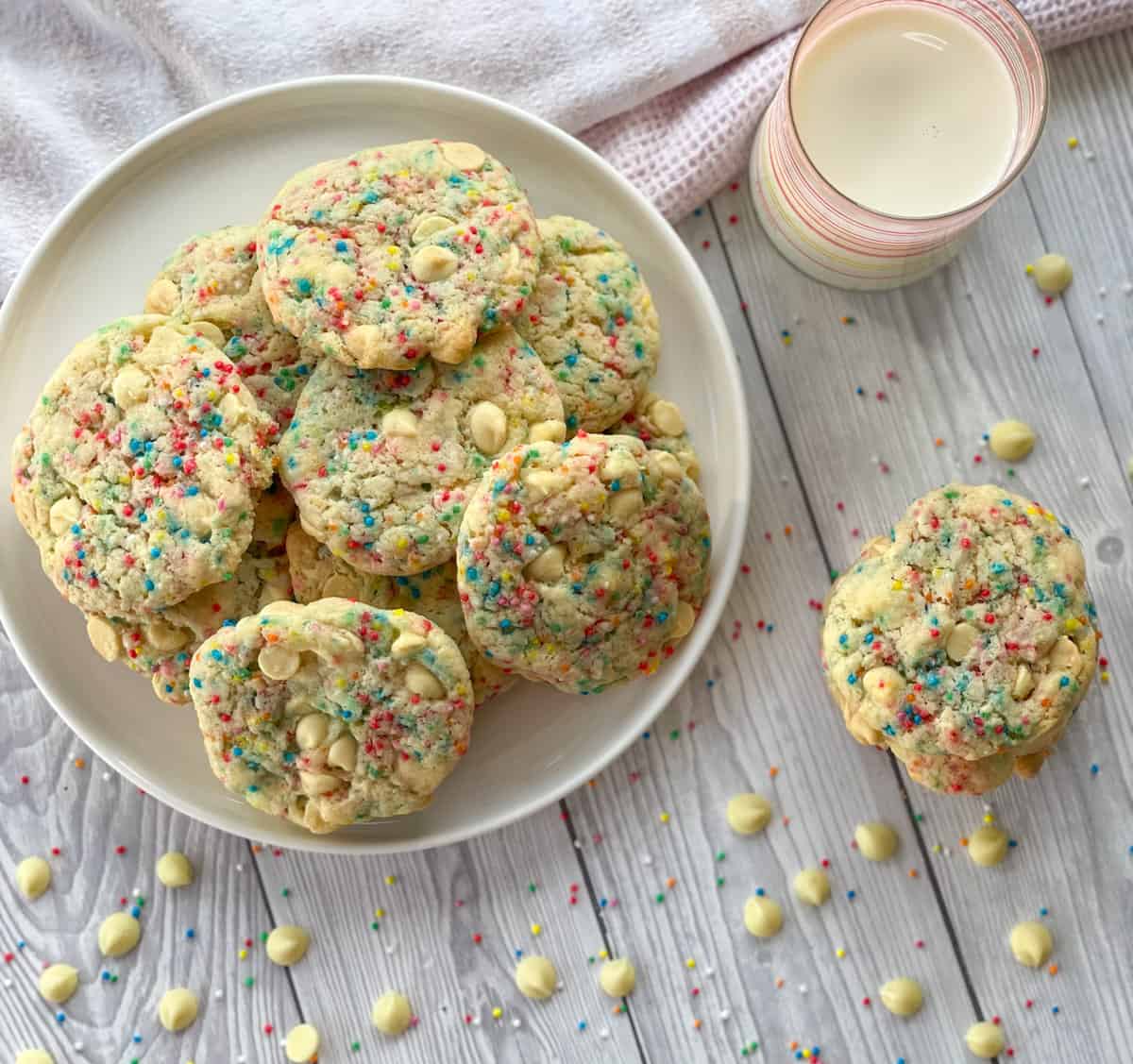 overhead photograph of a plate of Cake Mix White Chocolate Sprinkle Cookies