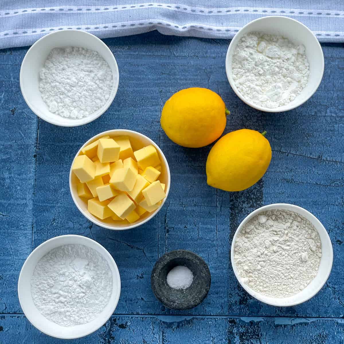 Ingredients used to make lemon shortbread, see recipe card for full details. 