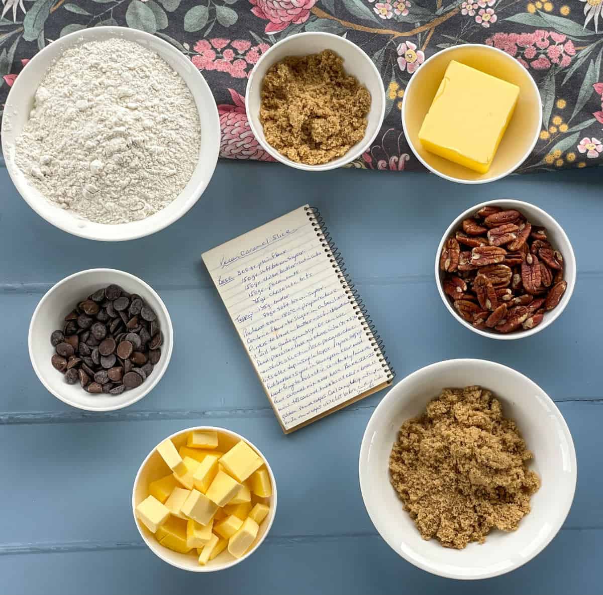 Ingredients used for Pecan Caramel Slice and handwritten recipe